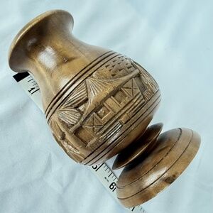 Vintage Turned Wooden Tiki Bar Vase Hand Carved Hut 6 in Blond Wood Excellent